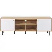 Beliani TV-Schrank Heller Holzfarbton und Weiß 160 x 56 x 40 cm für Fernseher bis 70 mit Türen Stauraum Skandinavischer Stil für Wohnzimmer