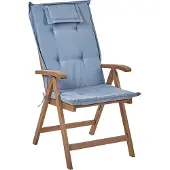 Beliani Gartenstuhl 2er Set Dunkelbraun und Blau Akazienholz Vertsellbar Klappbar mit Auflagen Armlehnen Lamellen-Optik Rustikal Außenbereich Terrasse