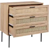 Beliani Kommode Heller Holzfarbton Schwarze Metallbeine und Handgriffe 80 x 80 x 40 cm Boho Stil Drei Rattan Schubladen Schlafzimmer Wohnzimmer Flur