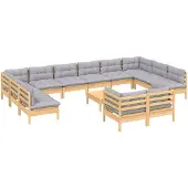 vidaXL 13-tlg. Garten-Lounge-Set mit Grauen Kissen Kiefernholz