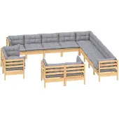 vidaXL 13-tlg. Garten-Lounge-Set mit Grauen Kissen Massivholz Kiefer