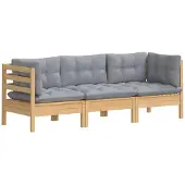 vidaXL 3-Sitzer-Gartensofa mit Grauen Kissen Massivholz Kiefer