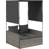 vidaXL Doppel-Sonnenliege mit Dach und Vorhängen Grau Poly Rattan