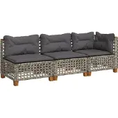 vidaXL Gartensofa mit Kissen 3-Sitzer Grau Poly Rattan