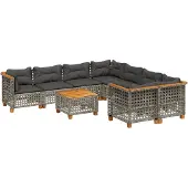 vidaXL 9-tlg. Garten-Sofagarnitur mit Kissen Grau Poly Rattan