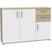Forte IKOLI Kommode 120, moderne Kommode, 3-türig, 2 Schubladen, Wohn-/Schlafzimmer, Flur, Holzwerkstoff, Weiß mit Sonoma Eiche Holzdekor, 119,6 cm breit x 81,7 cm hoch x 31,4 cm tief