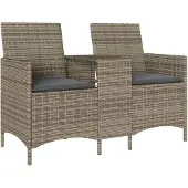vidaXL Gartensofa 2-Sitzer mit Tisch und Kissen Grau Poly Rattan