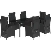 vidaXL 7-tlg. Garten-Essgruppe mit Kissen Schwarz Poly Rattan