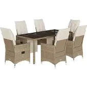 vidaXL 7-tlg. Garten-Bistro-Set mit Kissen Beige Poly Rattan