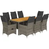 vidaXL 9-tlg. Garten-Bistro-Set mit Kissen Grau Poly Rattan