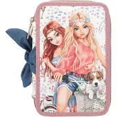 TOPModel Federtasche VELO FLEUR 3-Fach, gefüllt mit 18 Bunt- und Filzstiften, 2 Bleistiften,, Anspitzer, Radierer, Lineal, Schere, Klebestift,, Klett-Täschchen, Material: 100% recyceltes Polyester