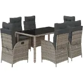 vidaXL 7-tlg. Garten-Essgruppe mit Kissen Grau Poly Rattan