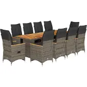 vidaXL 11-tlg. Garten-Bistro-Set mit Kissen Grau Poly Rattan