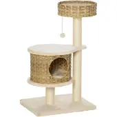 PawHut Kratzbaum Rattan Katzenbaum Kletterbaum mit Katzenhöhle Höhe 95 cm