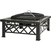 Outsunny 3-in-1 Feuerschale Feuerkorb mit Funkenschutz Grillrost Garten BBQ