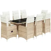 vidaXL 9-tlg. Garten-Bistro-Set mit Kissen Beige Poly Rattan