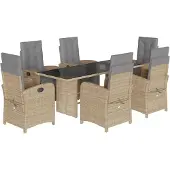 vidaXL 7-tlg. Garten-Essgruppe mit Kissen Beige Poly Rattan