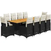 vidaXL 11-tlg. Garten-Bistro-Set mit Kissen Schwarz Poly Rattan