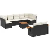vidaXL 10-tlg. Garten-Sofagarnitur mit Kissen Schwarz Poly Rattan