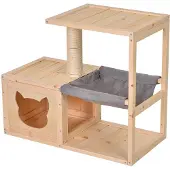 PawHut Katzenhaus Katzenkiste mit Hängematte Sisalstamm Tannenholz Natur