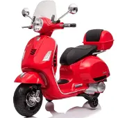 Vrooomy Vespa GT Kinder Elektro Roller 7,2V (3–6 Jahre) – Offiziell Lizenziert, mit Kofferraum, Stützrädern & Ledersitz – Kinder Elektroroller – Rot