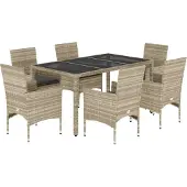 vidaXL 7-tlg. Garten-Essgruppe mit Kissen Hellgrau Poly Rattan & Glas