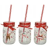 Lumineo 1 Gläser mit Deckel 13cm Trinkglas Trinkbecher Weihnachtsmotiv Motiv klar rot