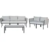 Beliani Lounge Set Schwarz Stahl 4-Teilig 5-Sitzer mit Kissen Hellgrau Modern Terrasse Outdoor Garten Set 3-Sitzer Sofa 2 Sessel u. Couchtisch