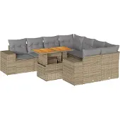 vidaXL 9-tlg. Garten-Sofagarnitur mit Kissen Beige Poly Rattan