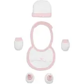 Interbaby SET 4 STÜCKE (HUT + HANDSCHUHE + BIB + SOCKEN) FÜR NEUGEBOREN-100% BAUMWOLLE-MOD.ROSA