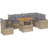 vidaXL 7-tlg. Garten-Sofagarnitur mit Kissen Beige Poly Rattan
