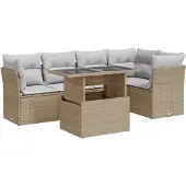 vidaXL 6-tlg. Garten-Sofagarnitur mit Kissen Beige Poly Rattan