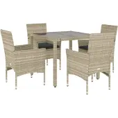 vidaXL 5-tlg. Garten-Essgruppe mit Kissen Hellgrau Poly Rattan Glas