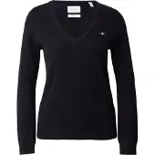 Gant V-Ausschnitt-Pullover "EXTRAFINE LAMBSWOOL V-NECK", Damen, Gr. M, schwarz, Strick, Obermaterial: 90% Wolle, 10% Polyamid, V-Ausschnitt, Rippbündchen, Pullover V-Ausschnitt-Pullover