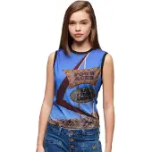 Superdry für Damen. W6011959A Trägershirt mit schwarzem, blauem Unterdruck (XS), Lässig, Baumwolle, Ärmellos / Hosenträger