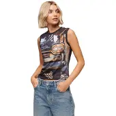 Superdry für Damen. W6011959A Tank-Top mit schwarzem Unterdruck (XS), Lässig, Baumwolle, Ärmellos / Hosenträger