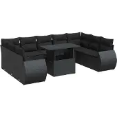 vidaXL 10-tlg. Garten-Sofagarnitur mit Kissen Schwarz Poly Rattan