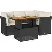 vidaXL 5-tlg. Garten-Sofagarnitur mit Kissen Schwarz Poly Rattan