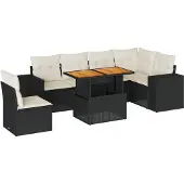 vidaXL 7-tlg. Garten-Sofagarnitur mit Kissen Schwarz Poly Rattan
