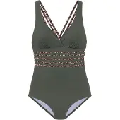LASCANA Badeanzug "Adelin", Damen, Gr. 38, Cup C, grün (oliv, leo), Recycling-Polyamid, unifarben, Badeanzüge Badeanzug, mit Shaping-Effekt und trendigen Kreuzträgern