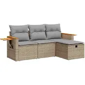 vidaXL 4-tlg. Garten-Sofagarnitur mit Kissen Beige Poly Rattan