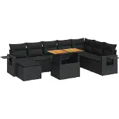 vidaXL 9-tlg. Garten-Sofagarnitur mit Kissen Schwarz Poly Rattan