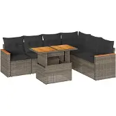 vidaXL 7-tlg. Garten-Sofagarnitur mit Kissen Grau Poly Rattan Akazie