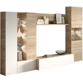 Dmora Essencial TV-Wohnwand modular mit LED, glänzend weiß & Eiche-Optik, 260 cm