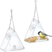 Relaxdays 2 x Vogelfutterhaus Fenster dreieckig Silber,Transparent