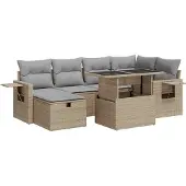 vidaXL 7-tlg. Garten-Sofagarnitur mit Kissen Beige Poly Rattan