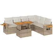 vidaXL 7-tlg. Garten-Sofagarnitur mit Kissen Beige Poly Rattan Akazie