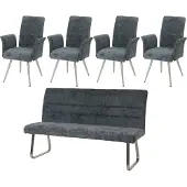 Mendler Esszimmer-Set MCW-G55, 4er-Set Stuhl mit Armlehne+Sitzbank 180cm, Edelstahl gebürstet Stoff/Textil Chenille blau-grün