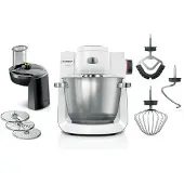 Bosch Küchenmaschine "Serie 6 MUMS6EW13D, Durchlaufschnitzler, Edelstahlschüssel, weiß" 7 Stufen, 3 Scheiben, Knethaken/Rühr-/Silikonbesen, spülm.fest