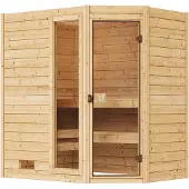 Weka Sauna "Massivholzsauna VALIDA Eck 1", beige (natur), Saunaofen, externe Steuerung, 7,5 kW, Saunen, Sauna, Blockbohlen, Fensterelement, moderne Glastür